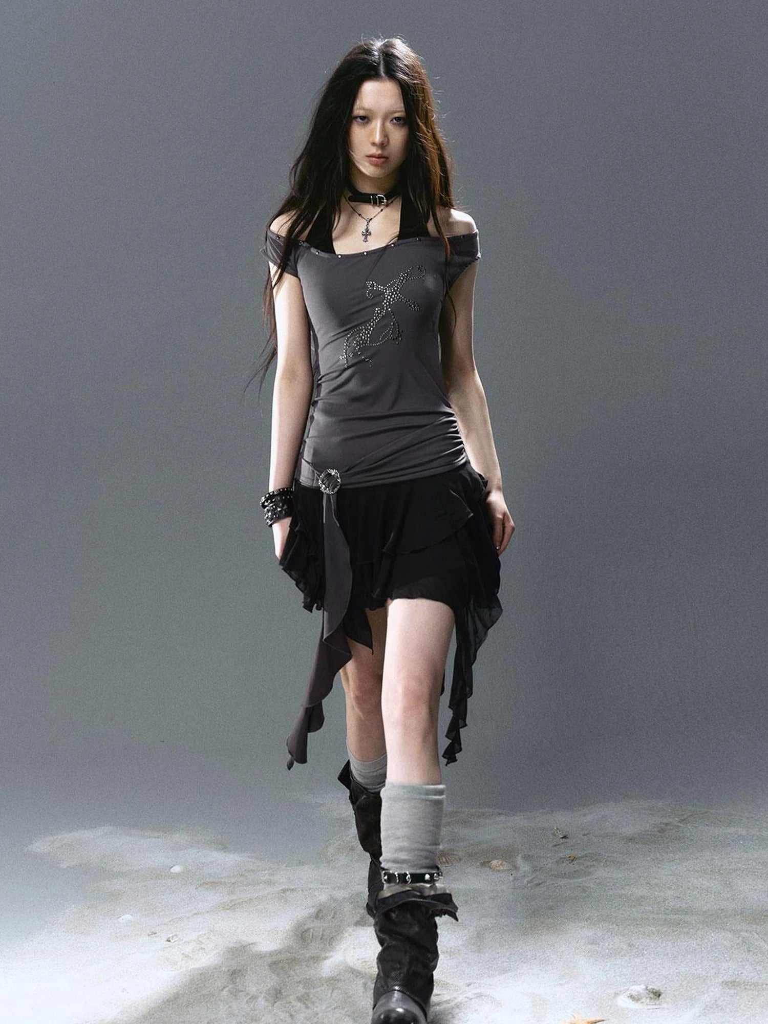 Sea Witch Poetry Cross Studded Slanted Hem Dress