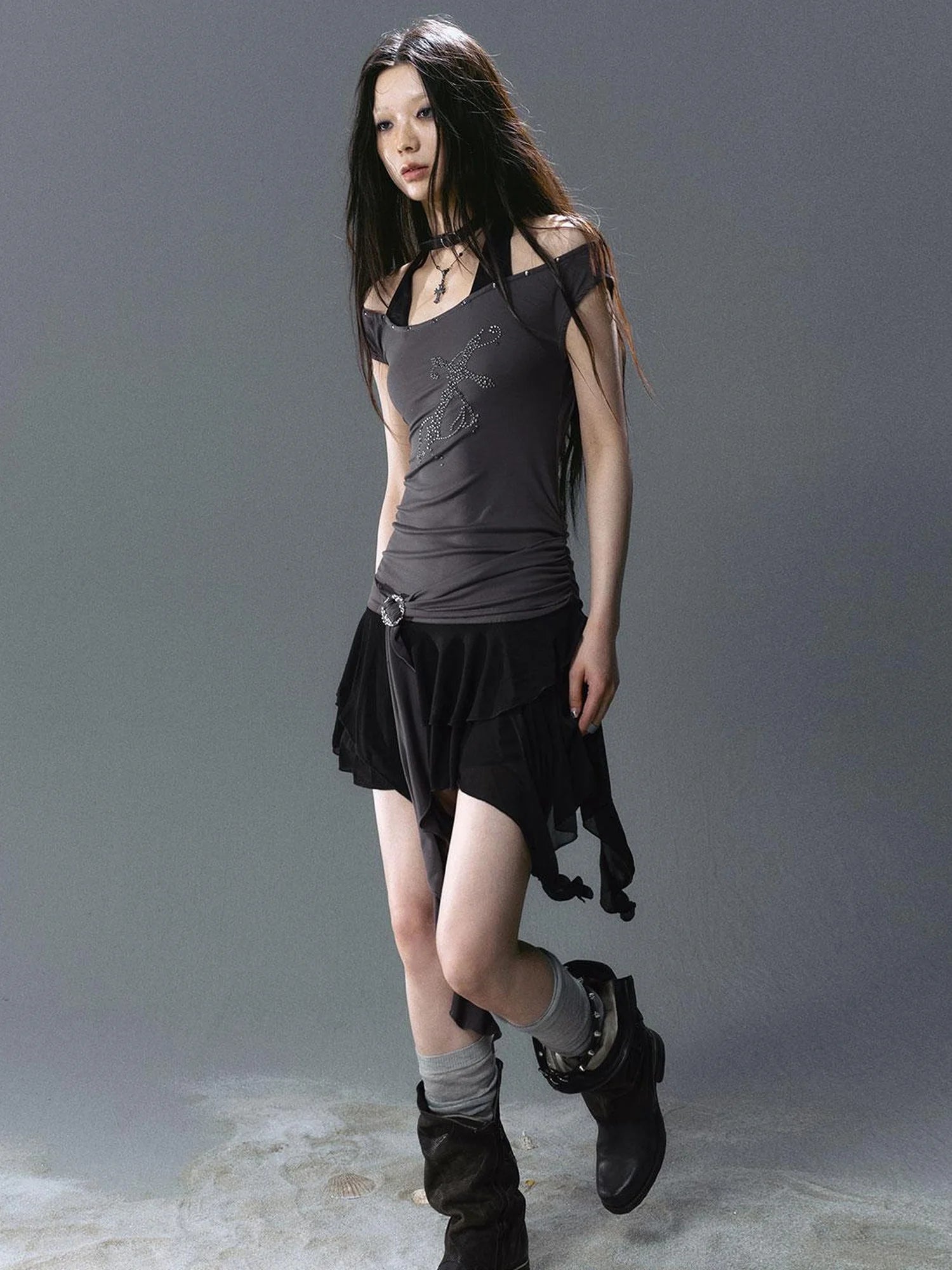 Sea Witch Poetry Cross Studded Slanted Hem Dress