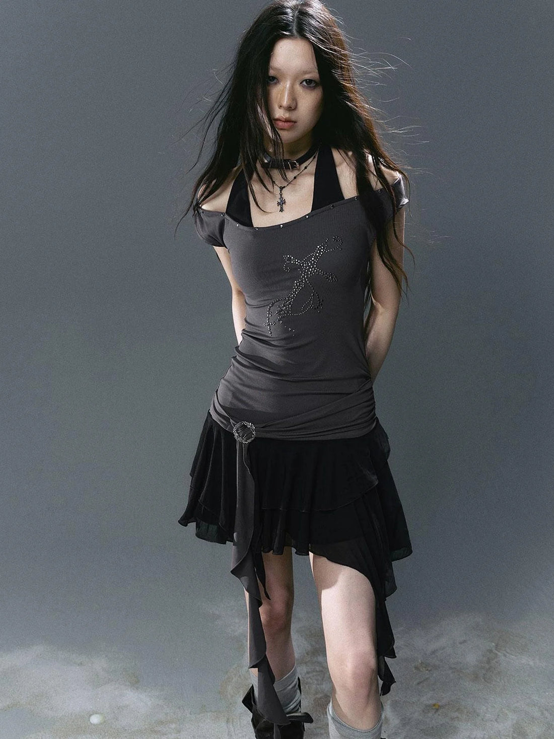 Sea Witch Poetry Cross Studded Slanted Hem Dress