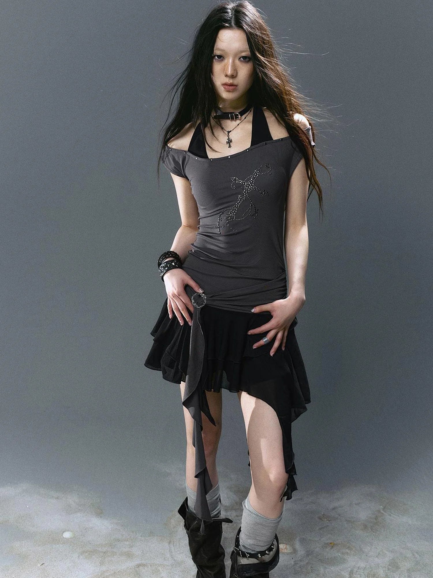 Sea Witch Poetry Cross Studded Slanted Hem Dress