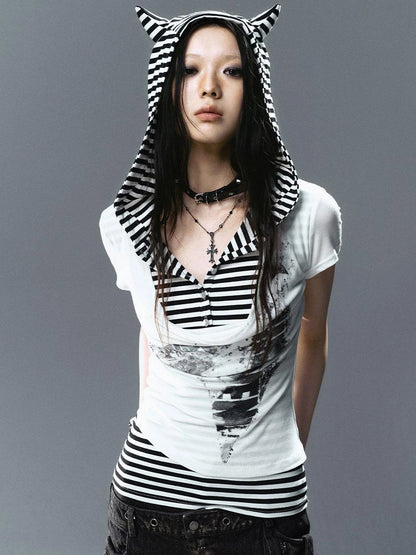 Sea Witch Poetry Star Print Cat Ear Striped Tee V-neck T-shirt Long-Sleeve