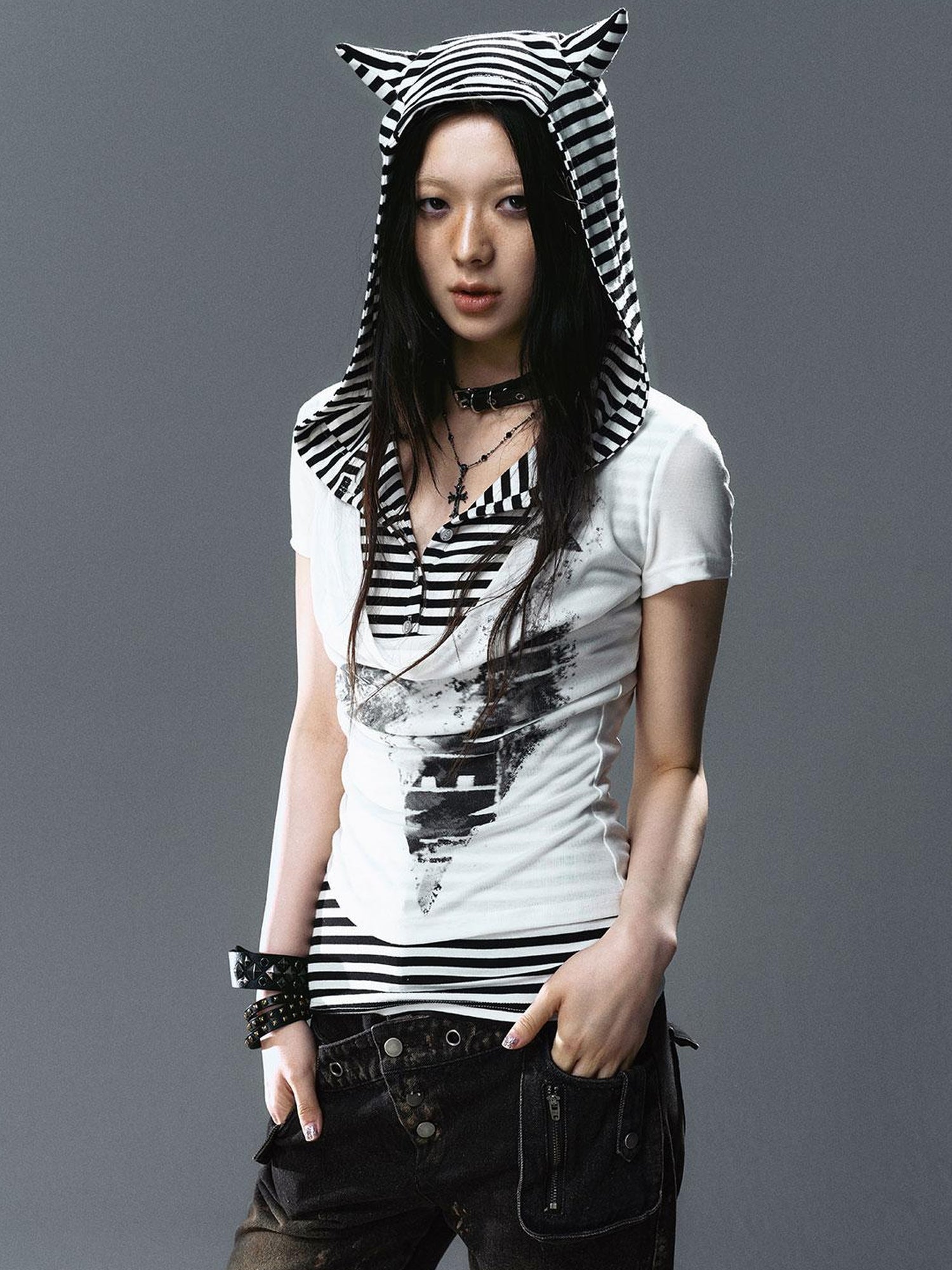 Update Cest Nous Sea Witch Poetry Star Print Cat Ear Striped Tee V-neck T-shirt Long-Sleeve