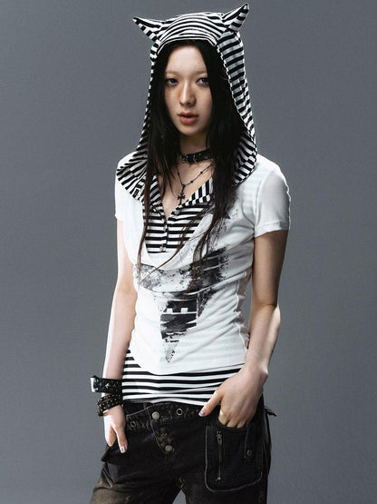 Update Cest Nous Sea Witch Poetry Star Print Cat Ear Striped Tee V-neck T-shirt Long-Sleeve