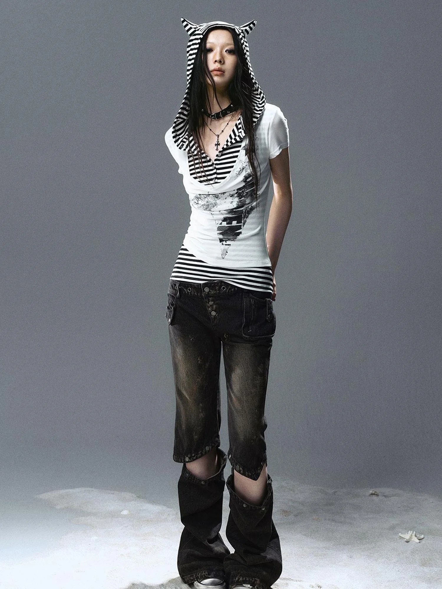 Sea Witch Poetry Star Print Cat Ear Striped Tee V-neck T-shirt Long-Sleeve