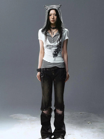 Sea Witch Poetry Star Print Cat Ear Striped Tee V-neck T-shirt Long-Sleeve