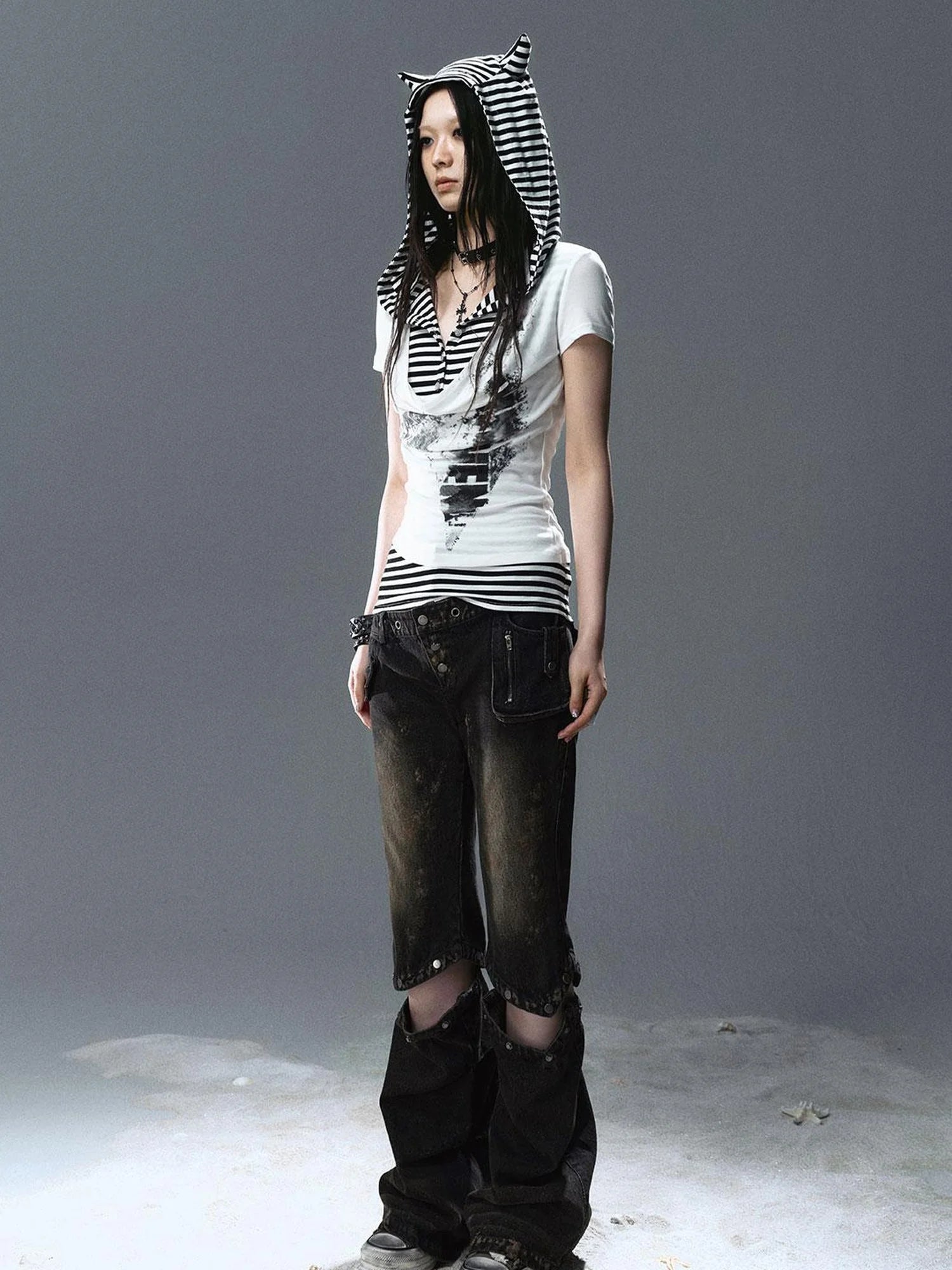 Sea Witch Poetry Star Print Cat Ear Striped Tee V-neck T-shirt Long-Sleeve