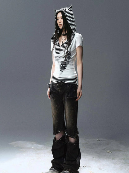 Sea Witch Poetry Star Print Cat Ear Striped Tee V-neck T-shirt Long-Sleeve