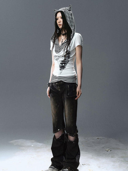 Update Cest Nous Sea Witch Poetry Star Print Cat Ear Striped Tee V-neck T-shirt Long-Sleeve