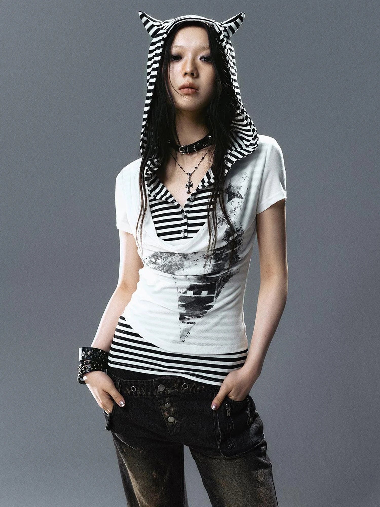 Sea Witch Poetry Star Print Cat Ear Striped Tee V-neck T-shirt Long-Sleeve