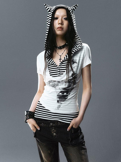 Update Cest Nous Sea Witch Poetry Star Print Cat Ear Striped Tee V-neck T-shirt Long-Sleeve