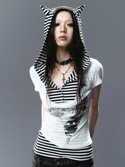 Sea Witch Poetry Star Print Cat Ear Striped Tee V-neck T-shirt Long-Sleeve