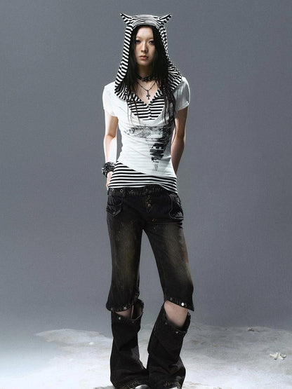 Sea Witch Poetry Star Print Cat Ear Striped Tee V-neck T-shirt Long-Sleeve