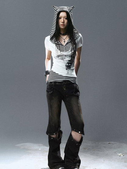 Update Cest Nous Sea Witch Poetry Star Print Cat Ear Striped Tee V-neck T-shirt Long-Sleeve