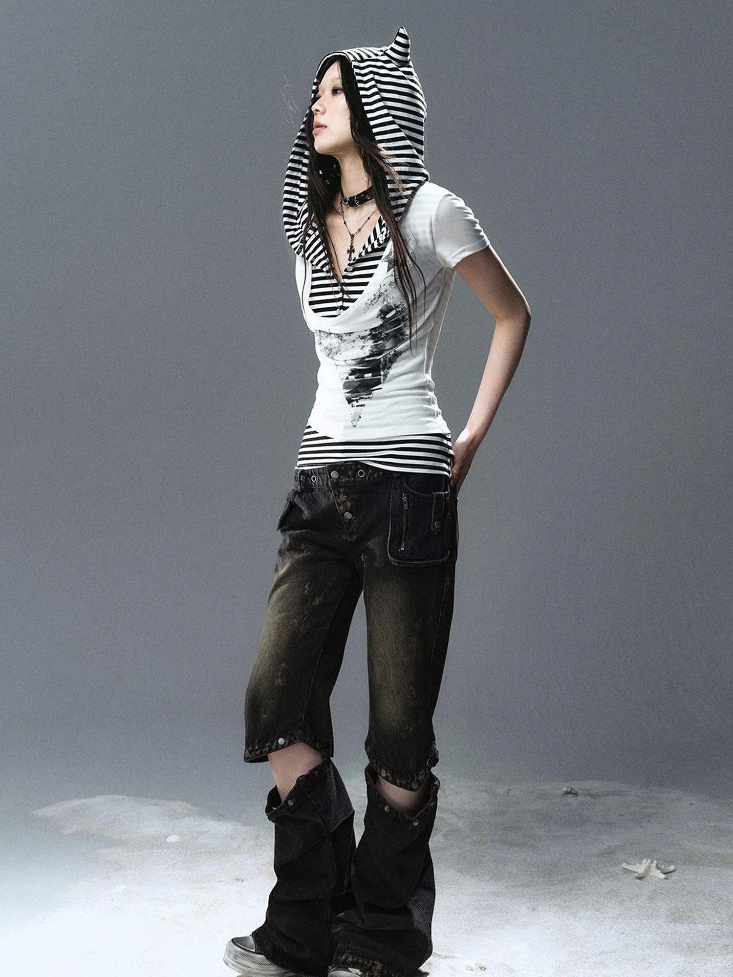 Sea Witch Poetry Star Print Cat Ear Striped Tee V-neck T-shirt Long-Sleeve