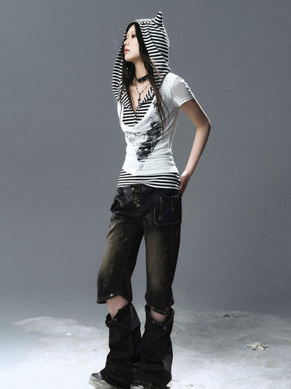 Update Cest Nous Sea Witch Poetry Star Print Cat Ear Striped Tee V-neck T-shirt Long-Sleeve