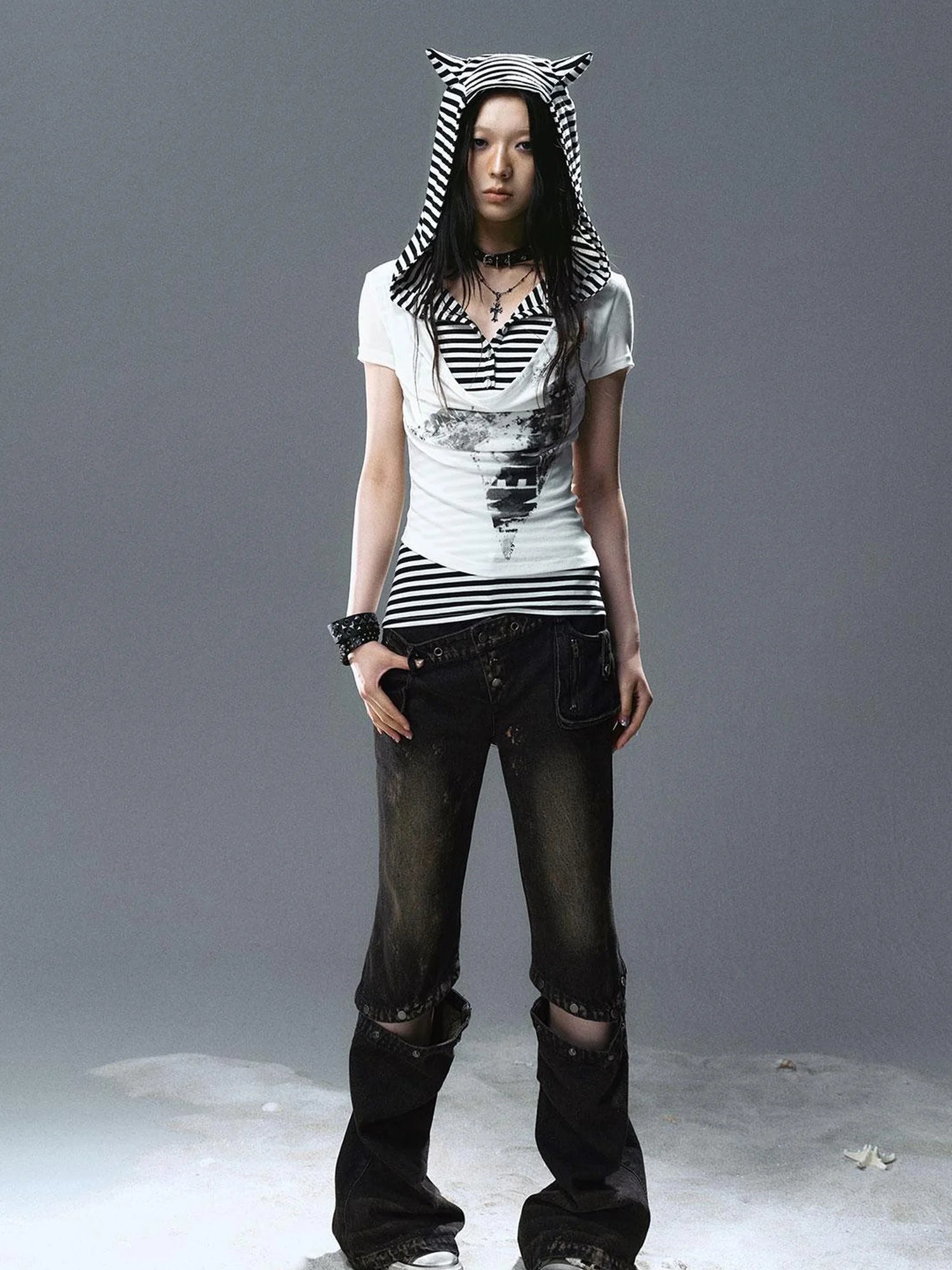 Sea Witch Poetry Star Print Cat Ear Striped Tee V-neck T-shirt Long-Sleeve