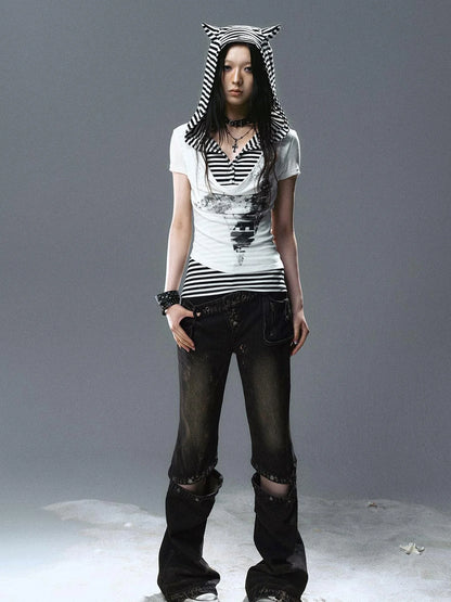 Sea Witch Poetry Star Print Cat Ear Striped Tee V-neck T-shirt Long-Sleeve