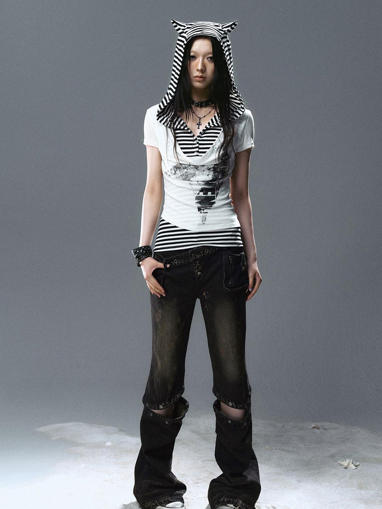 Update Cest Nous Sea Witch Poetry Star Print Cat Ear Striped Tee V-neck T-shirt Long-Sleeve
