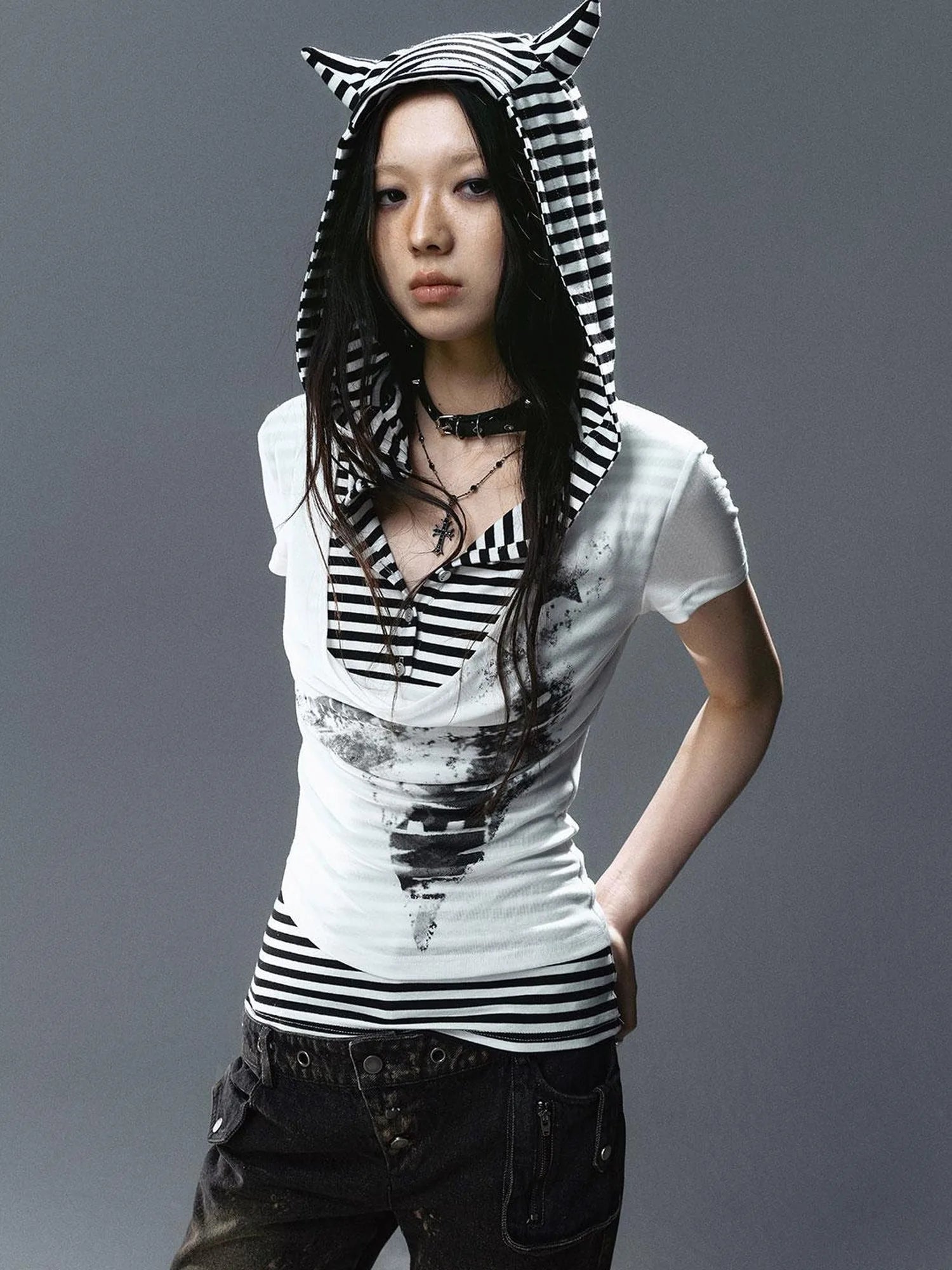 Sea Witch Poetry Star Print Cat Ear Striped Tee V-neck T-shirt Long-Sleeve