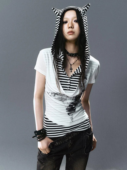 Sea Witch Poetry Star Print Cat Ear Striped Tee V-neck T-shirt Long-Sleeve