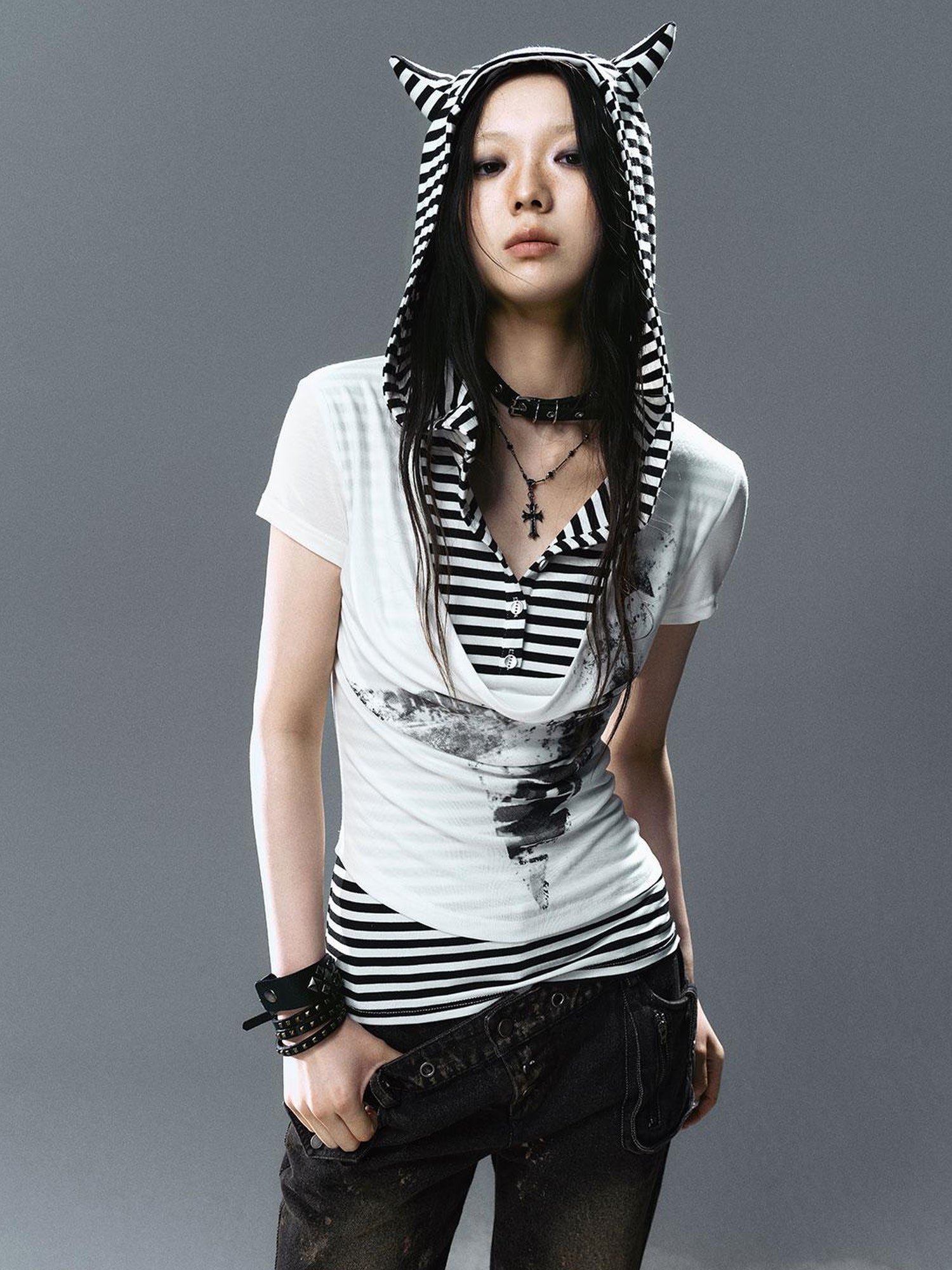 Update Cest Nous Sea Witch Poetry Star Print Cat Ear Striped Tee V-neck T-shirt Long-Sleeve