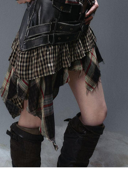 Update Cest Nous Sea Witch Punk Distressed Leather Checkered Asymmetrical Skirt