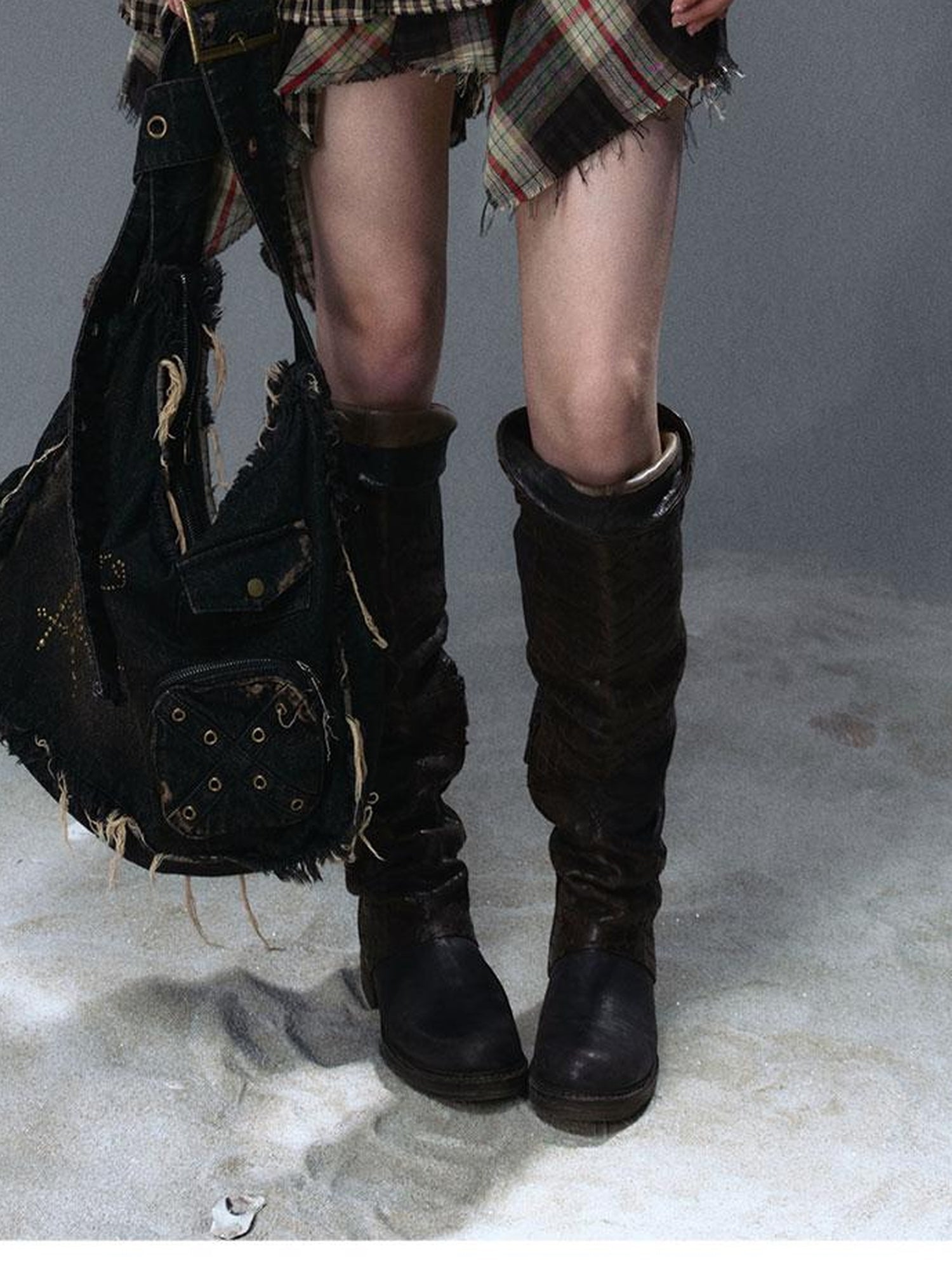 Update Cest Nous Sea Witch Punk Distressed Leather Checkered Asymmetrical Skirt