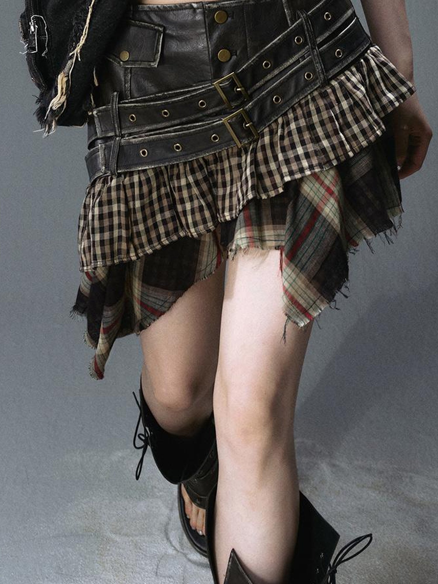 Update Cest Nous Sea Witch Punk Distressed Leather Checkered Asymmetrical Skirt