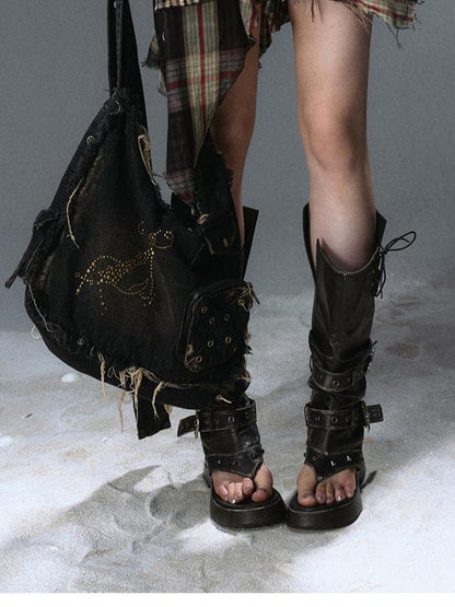 Update Cest Nous Sea Witch Punk Distressed Leather Checkered Asymmetrical Skirt