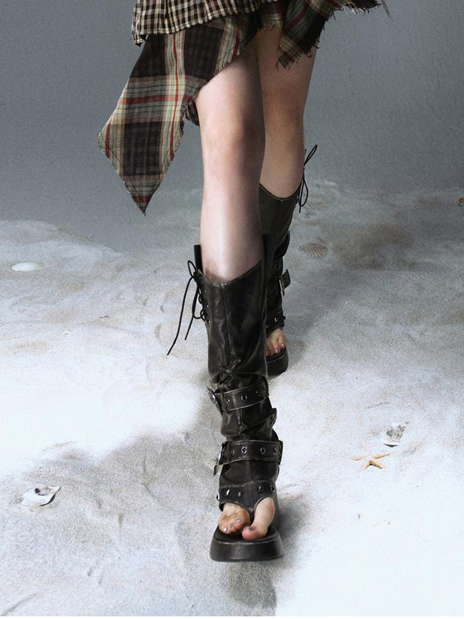 Update Cest Nous Sea Witch Punk Distressed Leather Checkered Asymmetrical Skirt