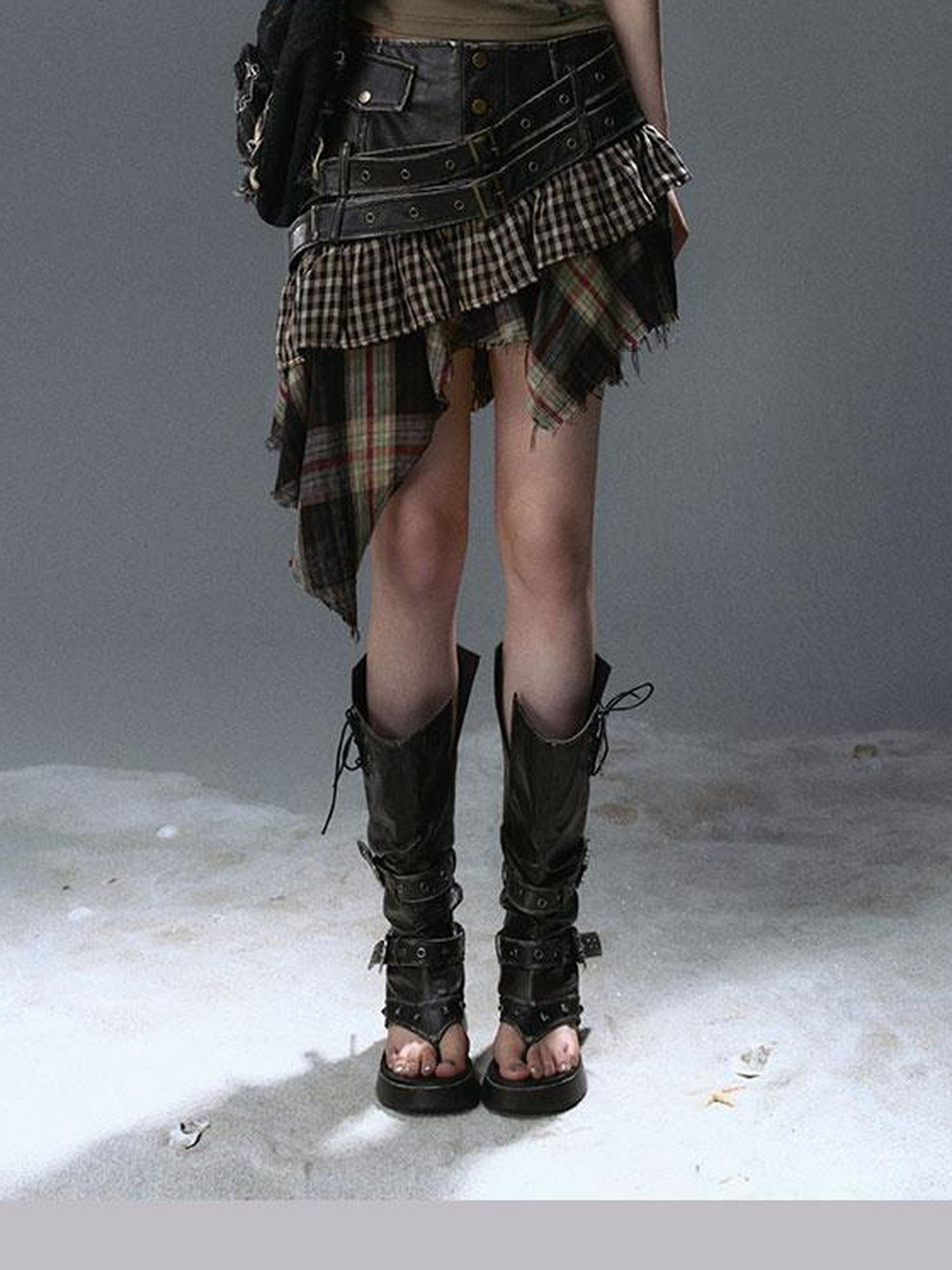 Update Cest Nous Sea Witch Punk Distressed Leather Checkered Asymmetrical Skirt