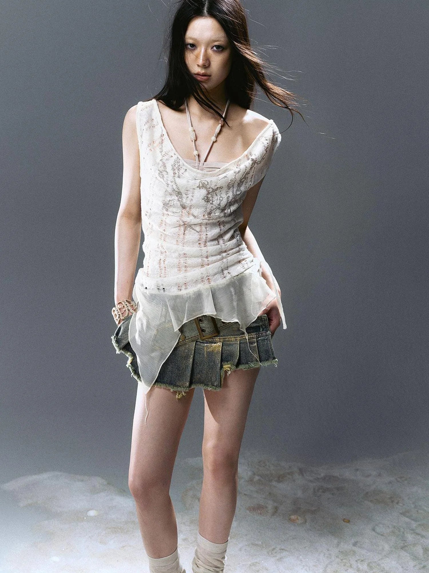 Seafoam Lace Shell Beaded Swing Top