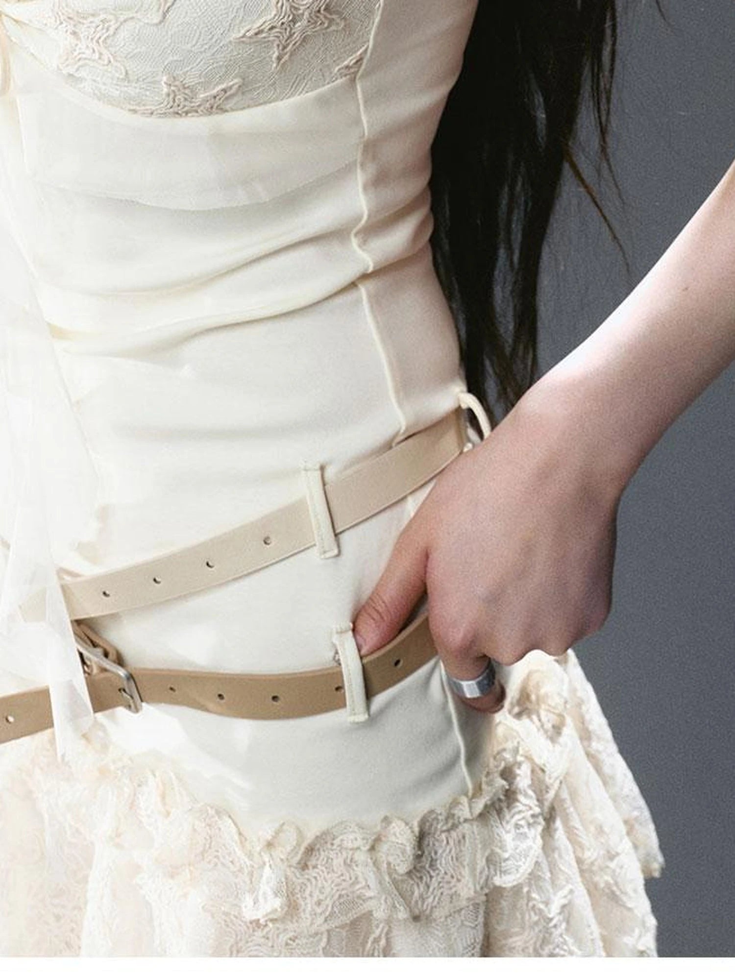 Seafoam Lace Up Ruffle Hem Slip Dress V Neck