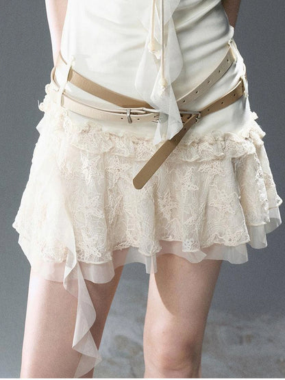 Seafoam Lace Up Ruffle Hem Slip Dress V Neck