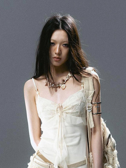 Seafoam Lace Up Ruffle Hem Slip Dress V Neck