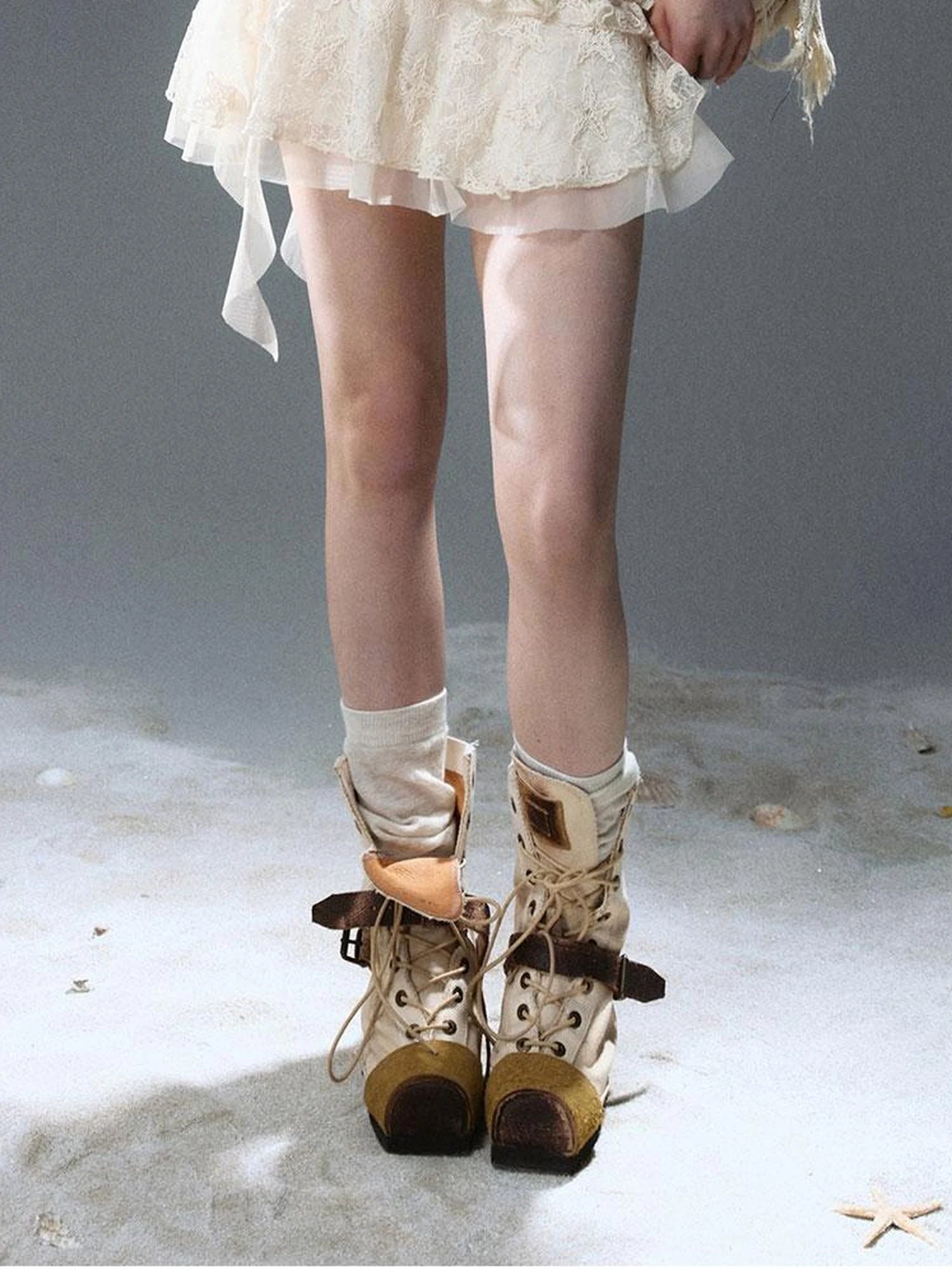 Seafoam Lace Up Ruffle Hem Slip Dress V Neck