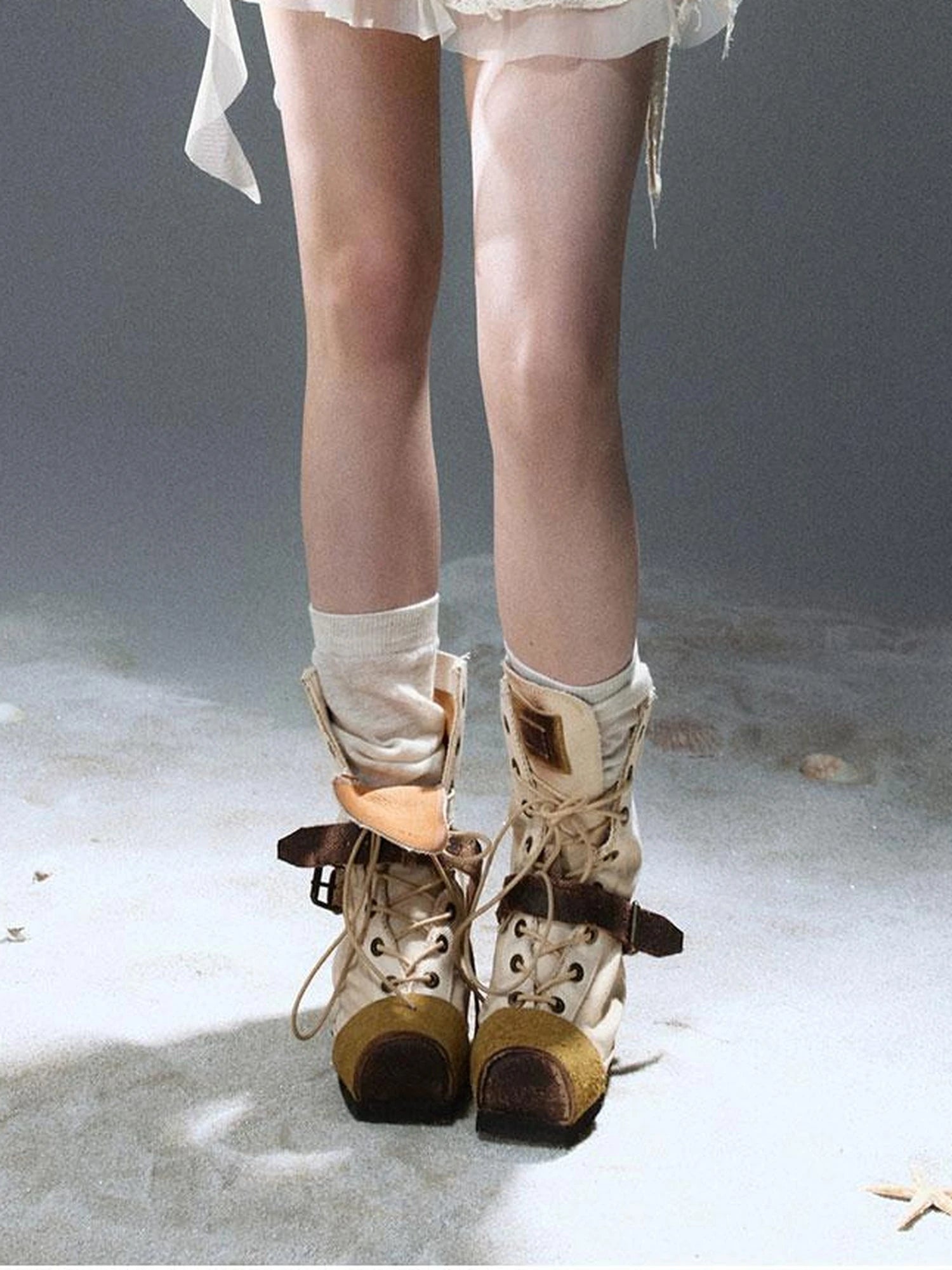 Seafoam Lace Up Ruffle Hem Slip Dress V Neck