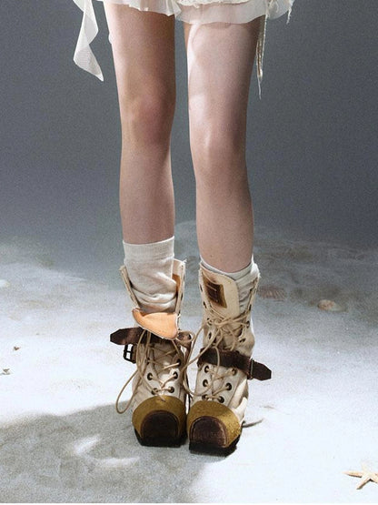 Seafoam Lace Up Ruffle Hem Slip Dress V Neck