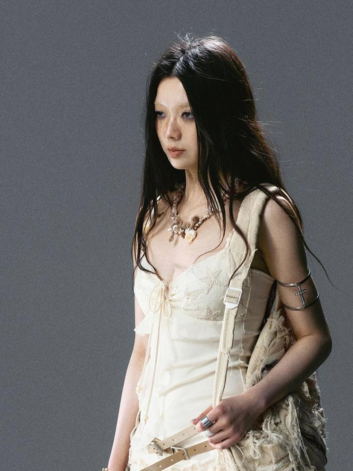 Seafoam Lace Up Ruffle Hem Slip Dress V Neck