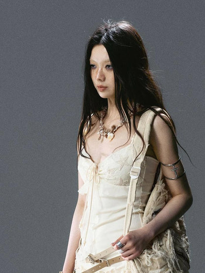 Seafoam Lace Up Ruffle Hem Slip Dress V Neck