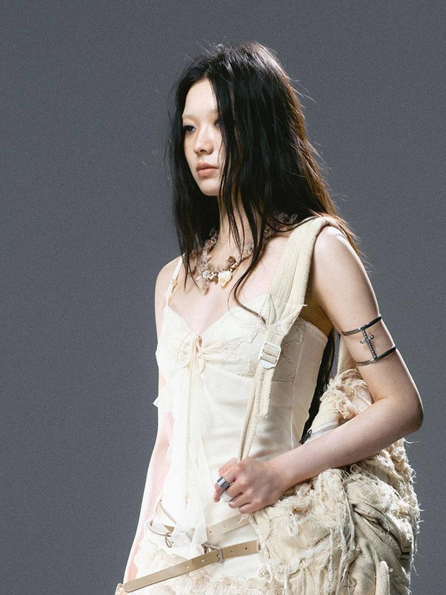 Seafoam Lace Up Ruffle Hem Slip Dress V Neck