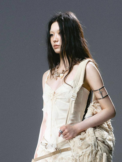 Seafoam Lace Up Ruffle Hem Slip Dress V Neck