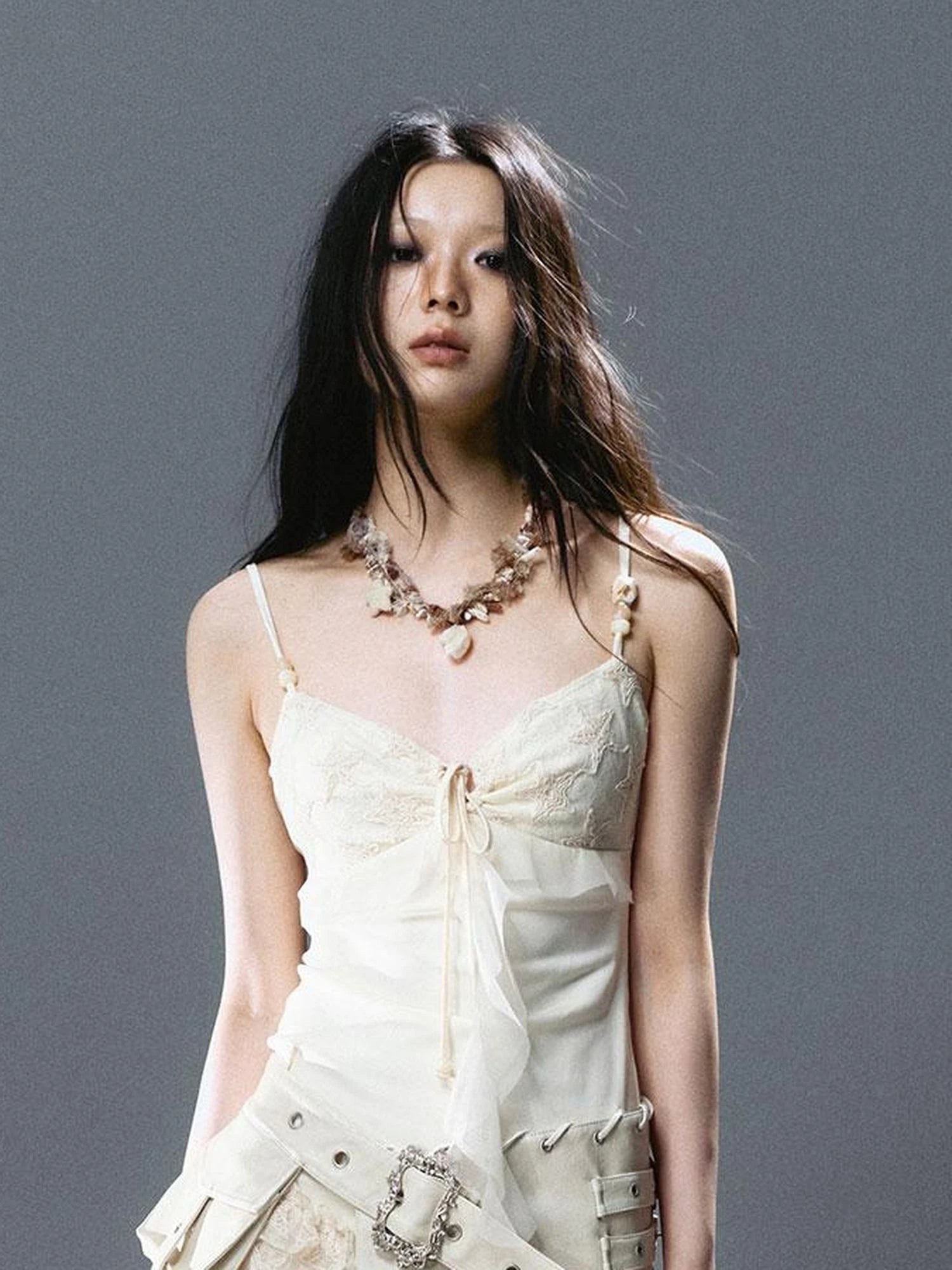 Seafoam Lace Up Ruffle Hem Slip Dress V Neck