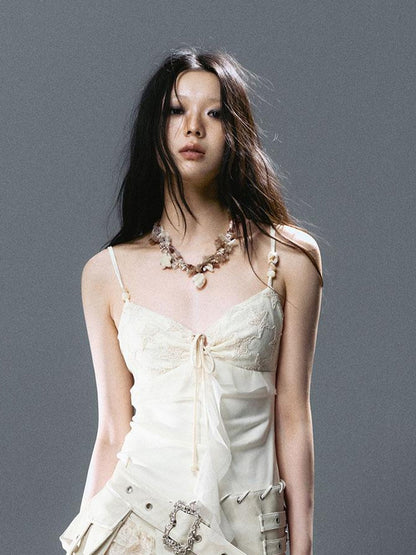 Update Cest Nous Seafoam Lace Up Ruffle Hem Slip Dress V Neck