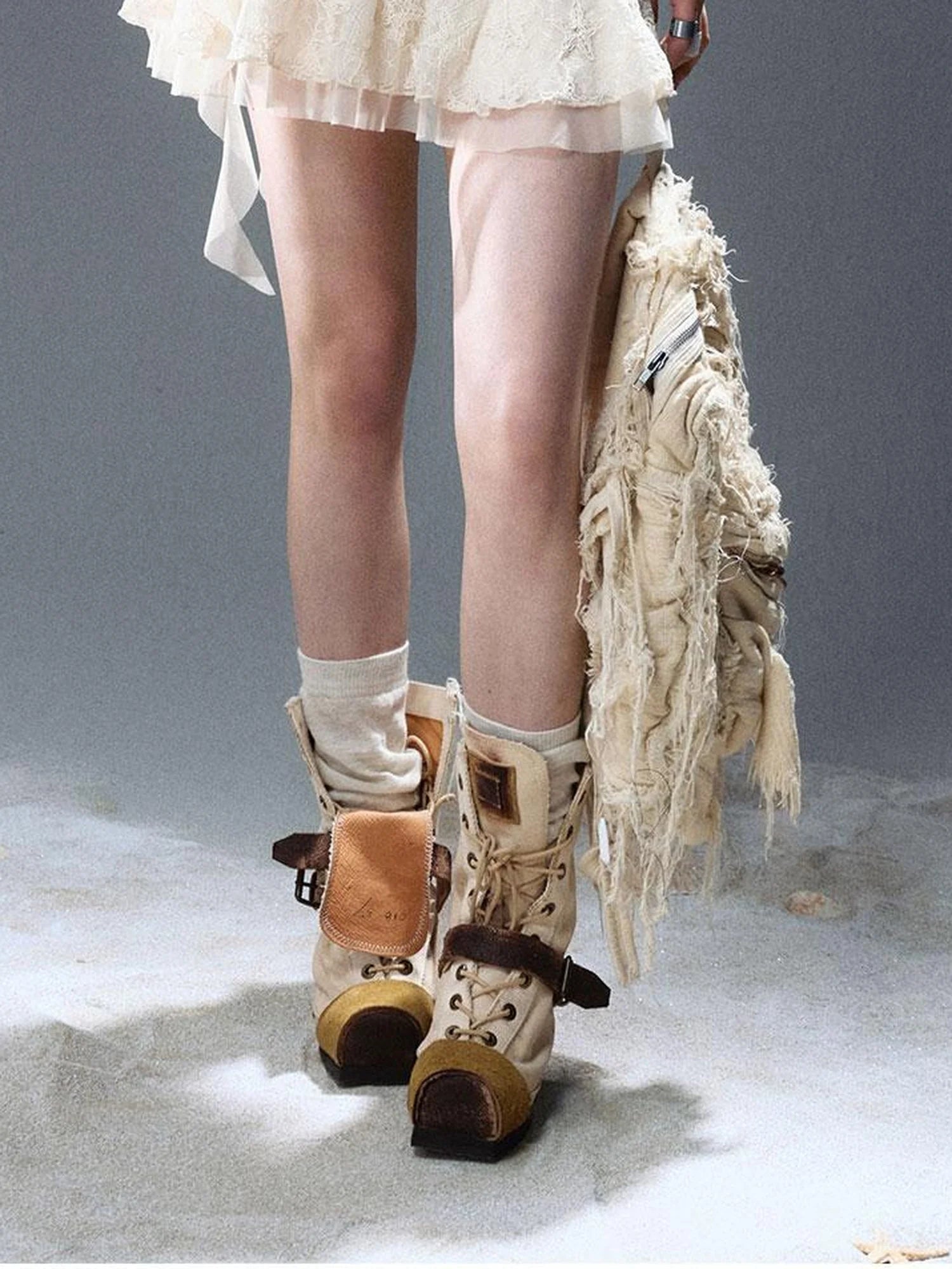 Seafoam Lace Up Ruffle Hem Slip Dress V Neck