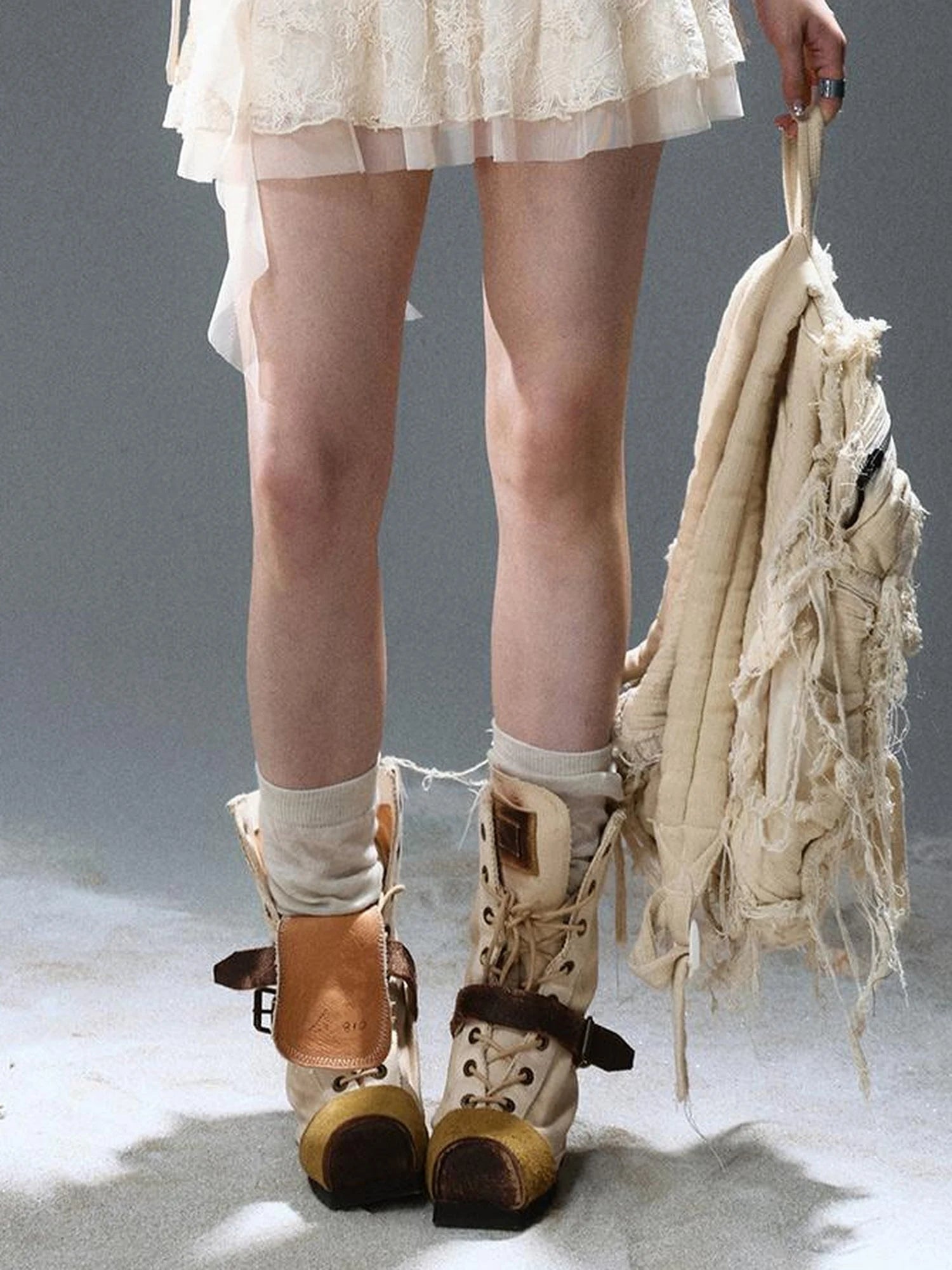 Seafoam Lace Up Ruffle Hem Slip Dress V Neck