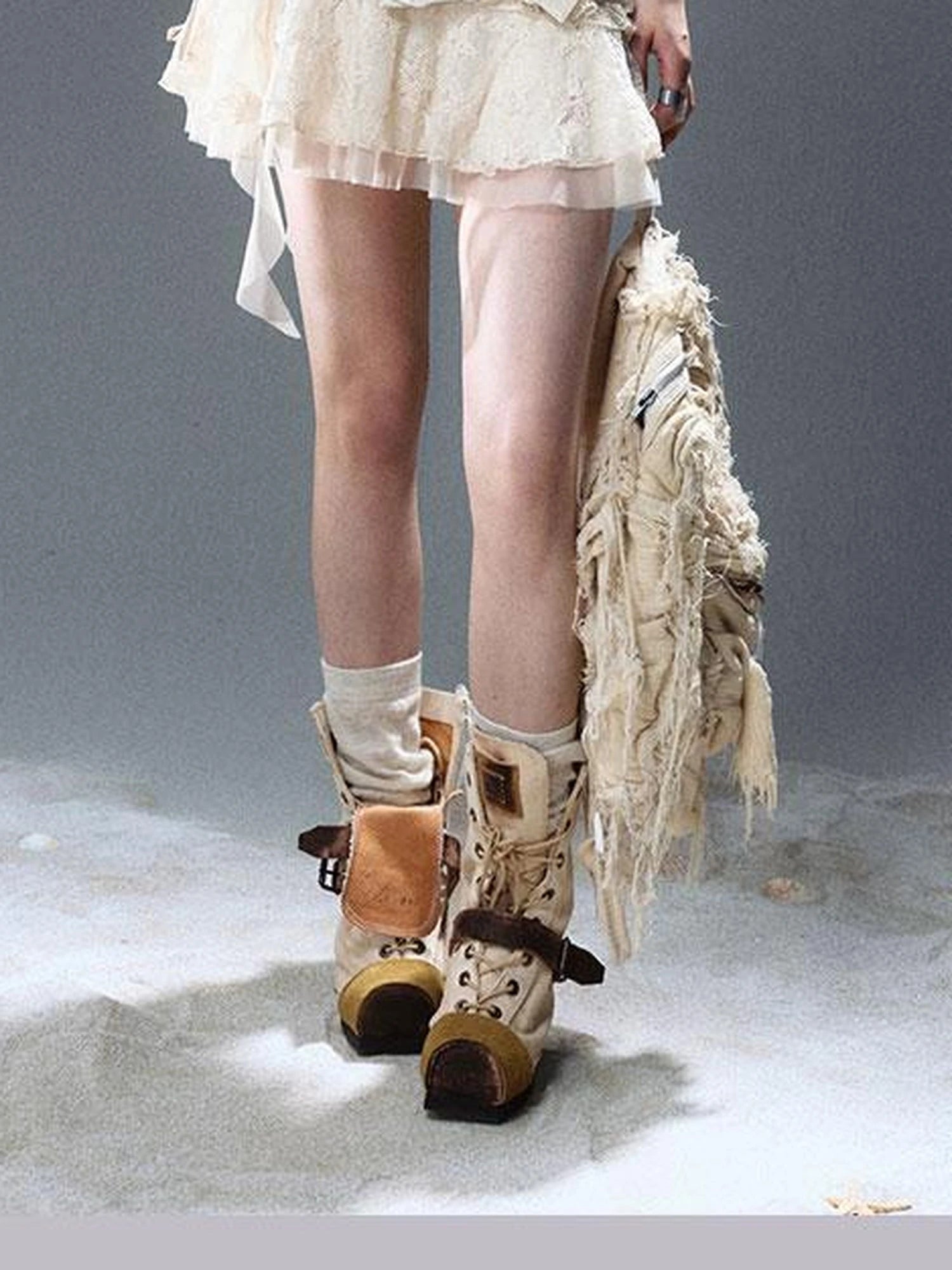 Seafoam Lace Up Ruffle Hem Slip Dress V Neck