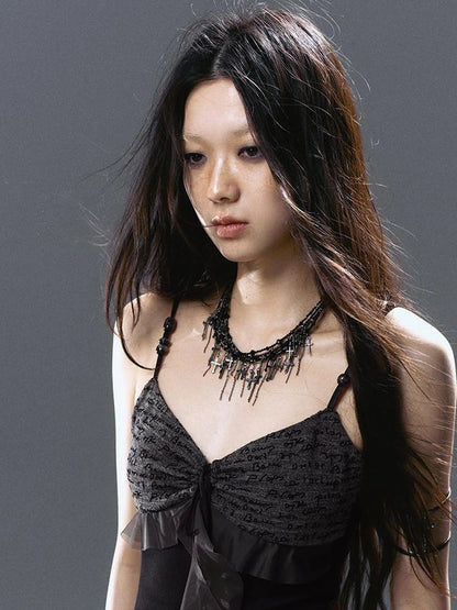 Seafoam Lace Up Ruffle Hem Slip Dress V Neck