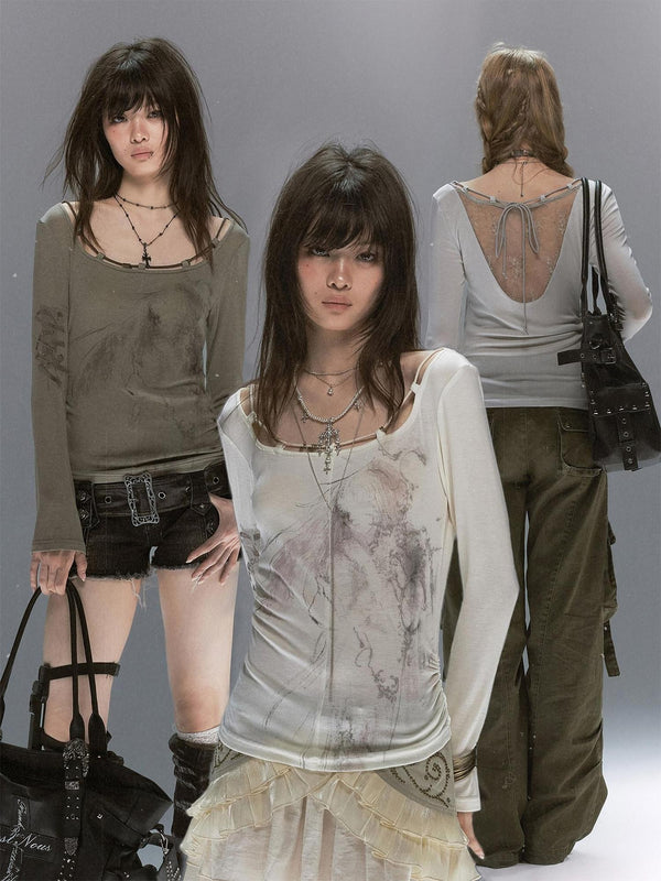 Sheer Lace Printed Rope Knot Women's Lyocell Long Sleeve T-shirts