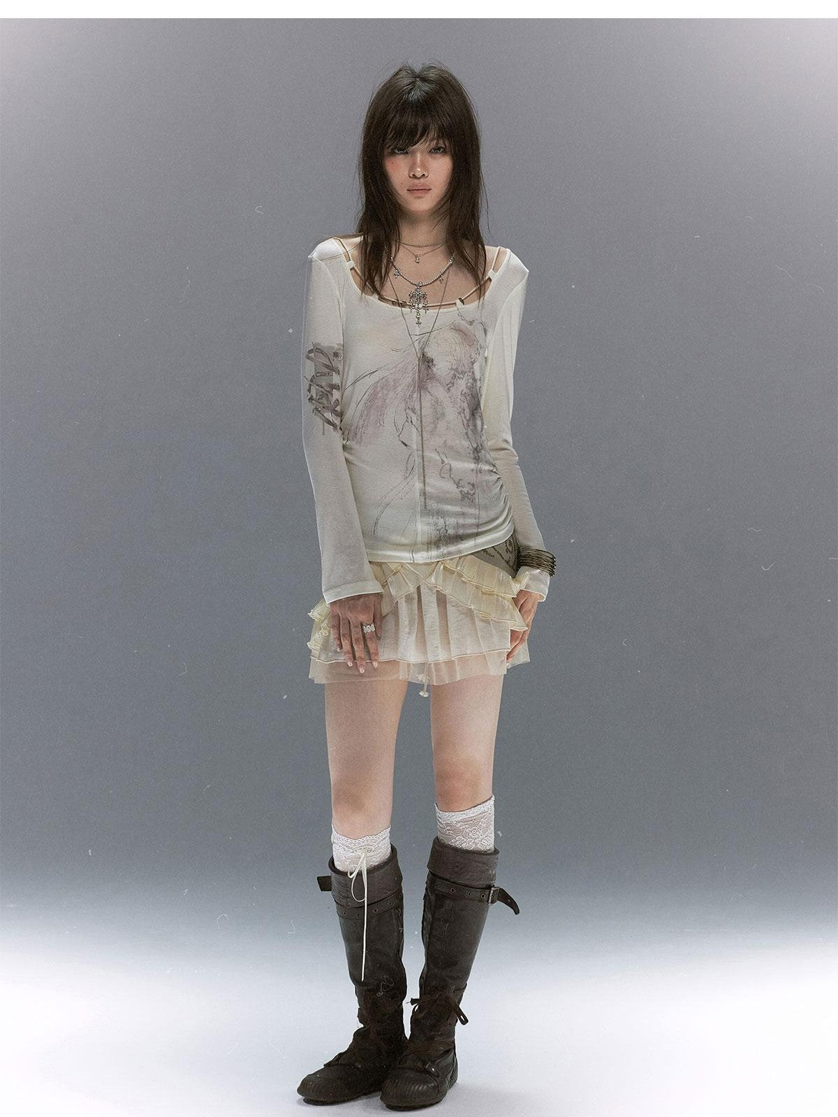 Cest Nous Sheer Lace Printed Rope Knot Women&